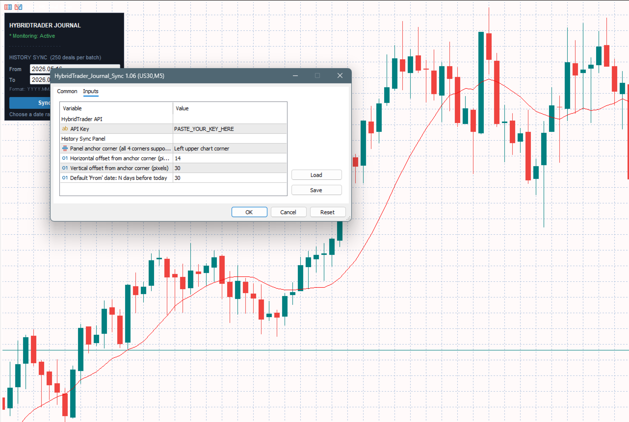 MetaTrader 5 Expert Advisor settings with the API Key input