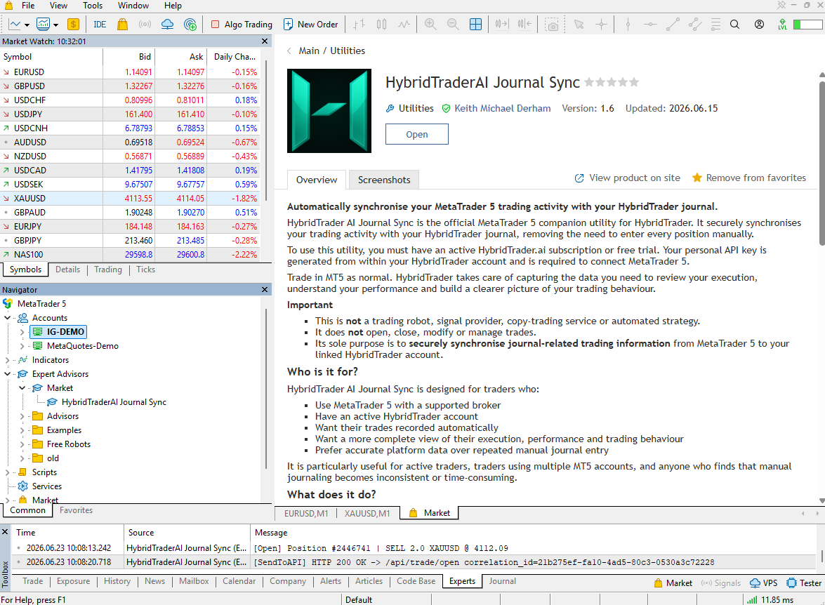 HybridTraderAI Journal Sync shown in the MetaTrader 5 MQL5 Market